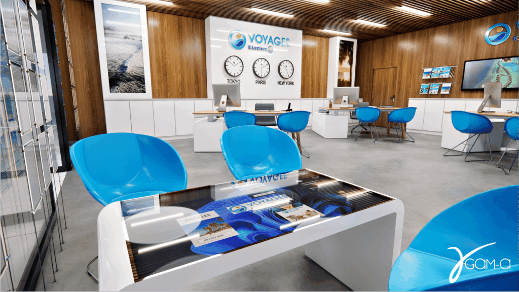 Bureau de voyages moderne avec sièges bleus.