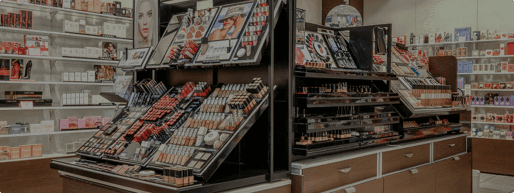 Magasin de cosmétiques avec divers produits et marques.