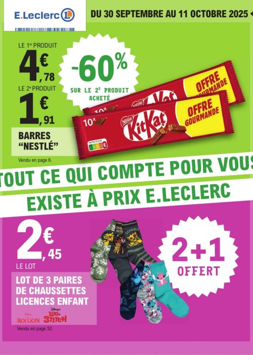 Promotions produits E.Leclerc, barres et chaussettes.